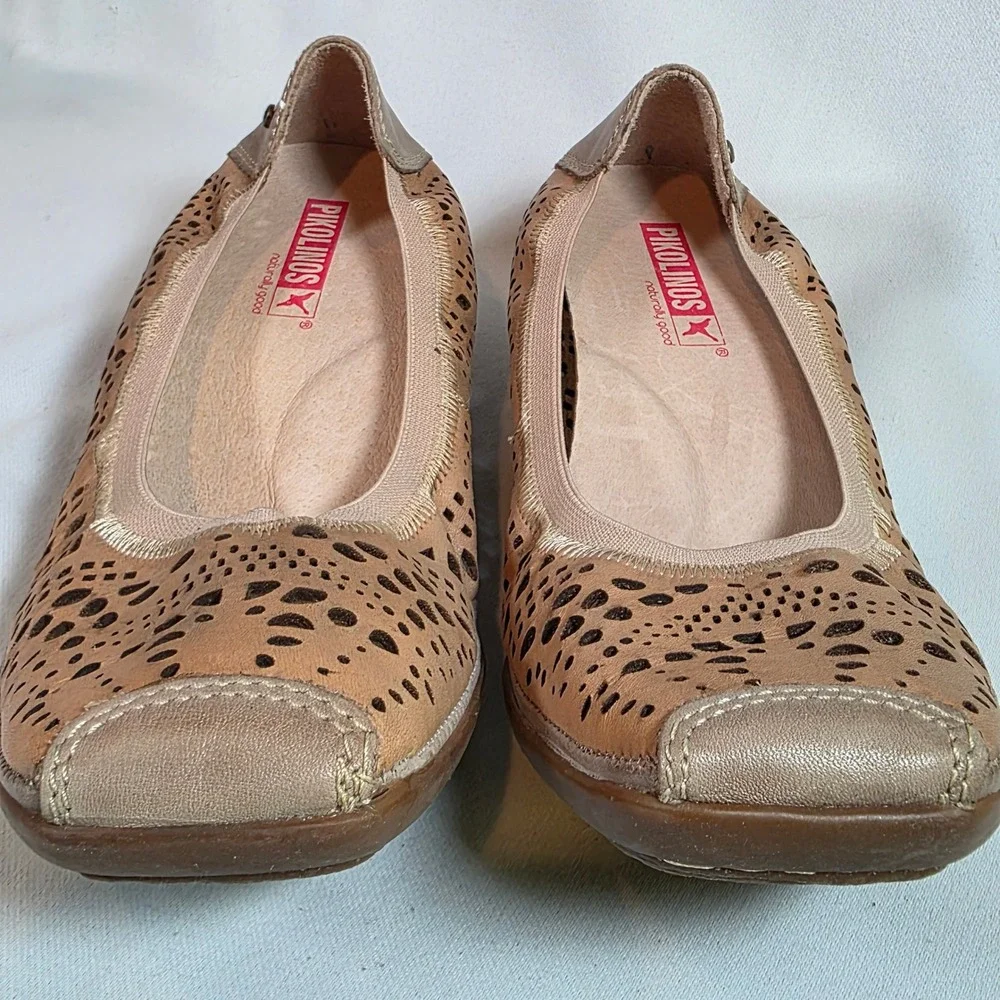 Pikolinos Tan Leather Pumps Womens 37 US 7 Laser Cut Square Toe Slip On Boho